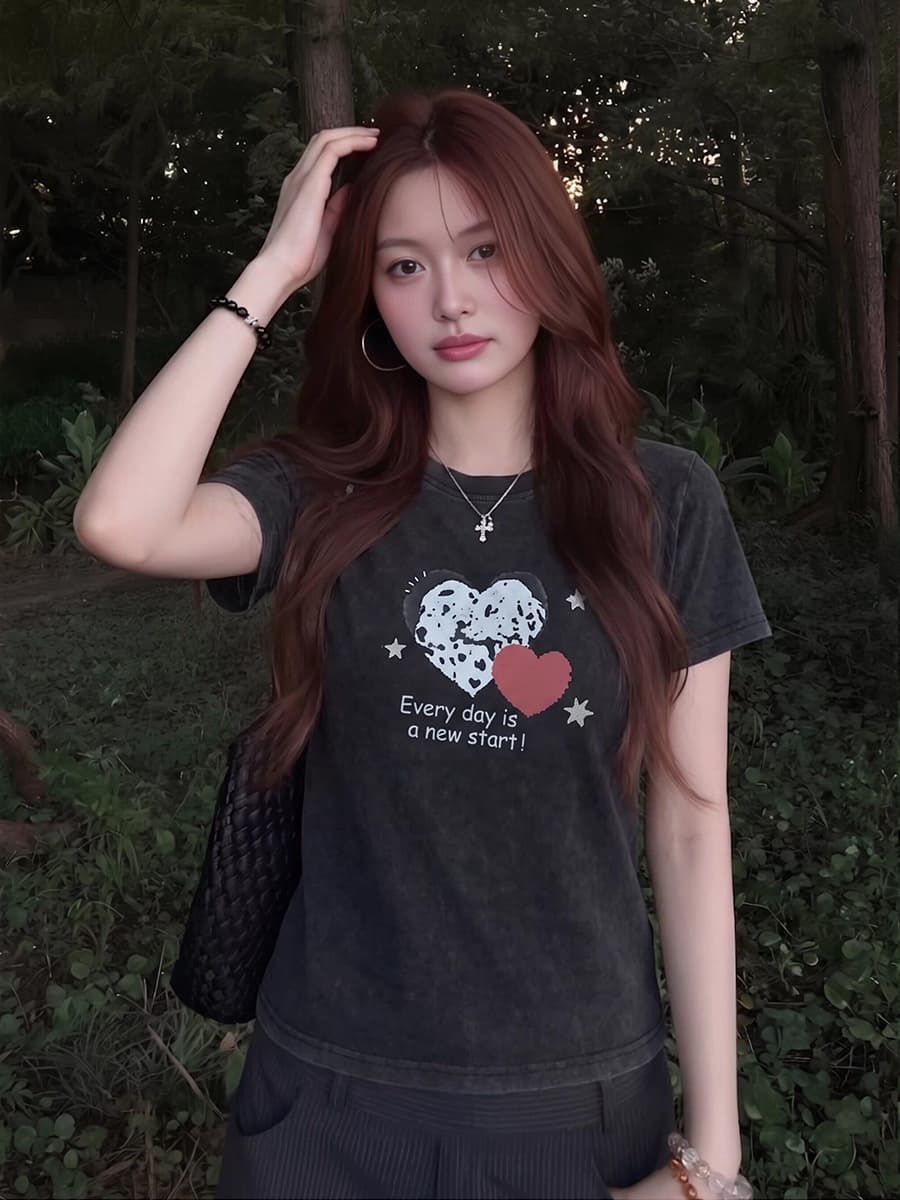 아메리칸 레트로 마 오래된 하트 프린트 티셔츠 달콤한 차가운 바람 루즈핏 슬림해 보이는 다용도 맨위 이미지 2