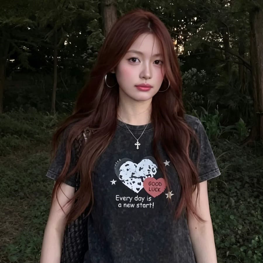 아메리칸 레트로 마 오래된 하트 프린트 티셔츠 달콤한 차가운 바람 루즈핏 슬림해 보이는 다용도 맨위 이미지 5