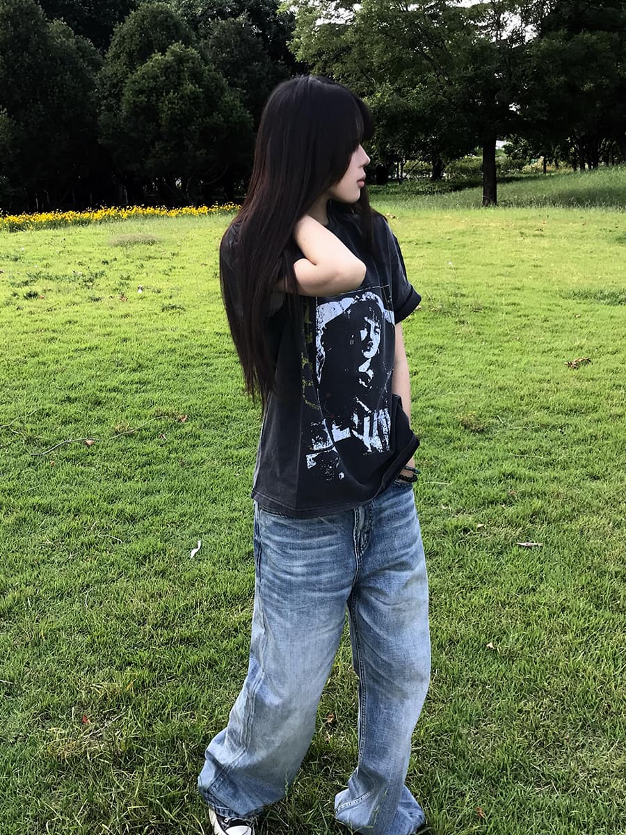 아메리칸 레트로 거리 초상화 프린트 워싱 마 오래된 반팔 티셔츠 여성 루즈핏 캐주얼 무거운 다용도 맨위 여름 상세 이미지 4