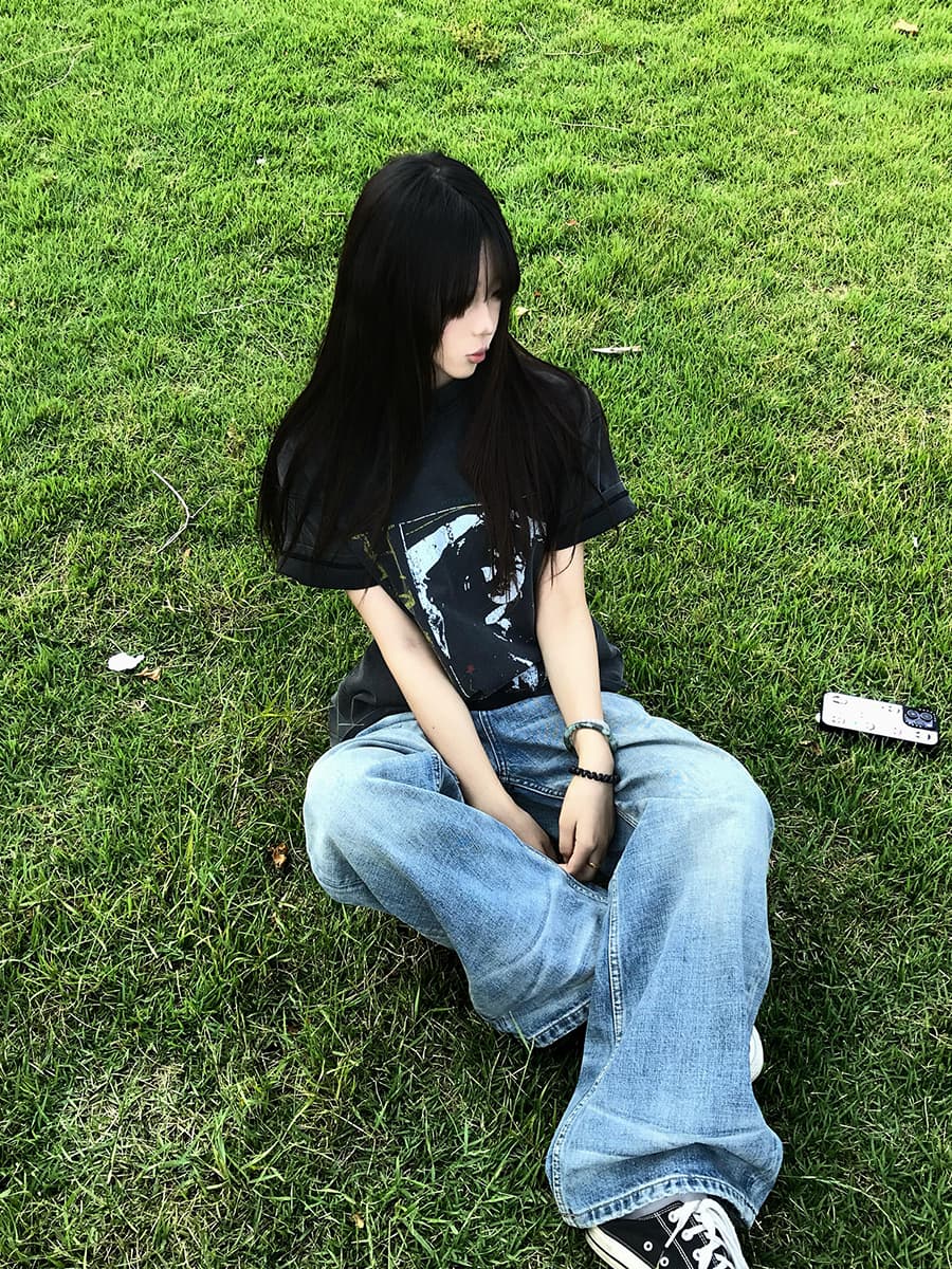 아메리칸 레트로 거리 초상화 프린트 워싱 마 오래된 반팔 티셔츠 여성 루즈핏 캐주얼 무거운 다용도 맨위 여름 상세 이미지 5