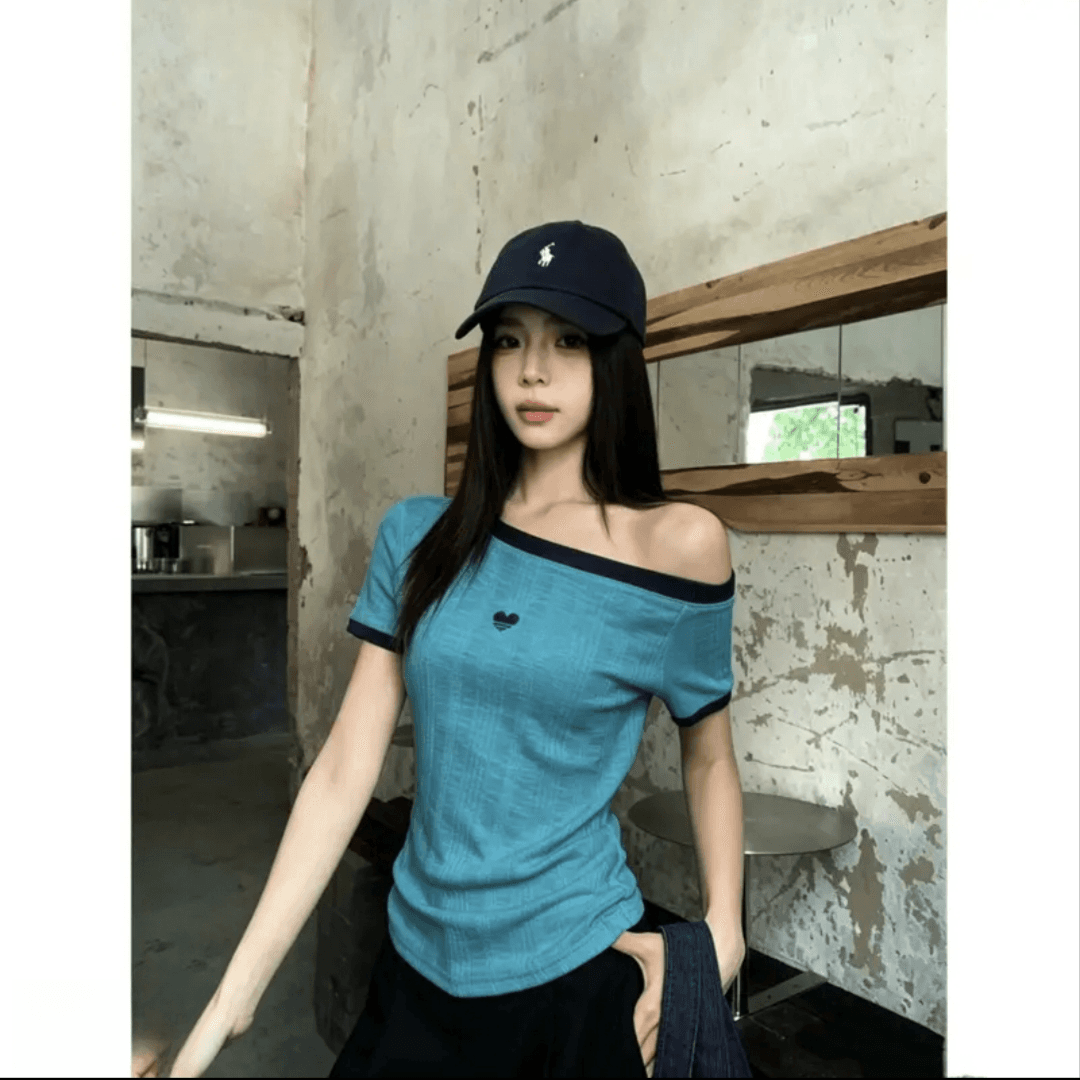 핑크색 비스듬한 어깨 반팔 티셔츠 여성 여름 2026 새로운 한 부서 몸매 가꾸기 자이언트 잘 생긴 ~ 중 오프숄더 맨위 상세 이미지 2