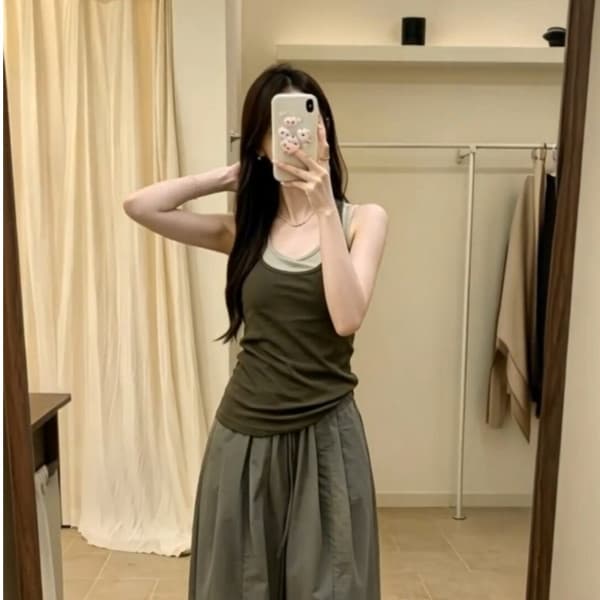 한 부서 착용 가져 가라. 캐주얼 패션 외국 가스 슬림해 보이는 여성 여름 페이크 레이어드 배색 캐미솔 상세 이미지 2