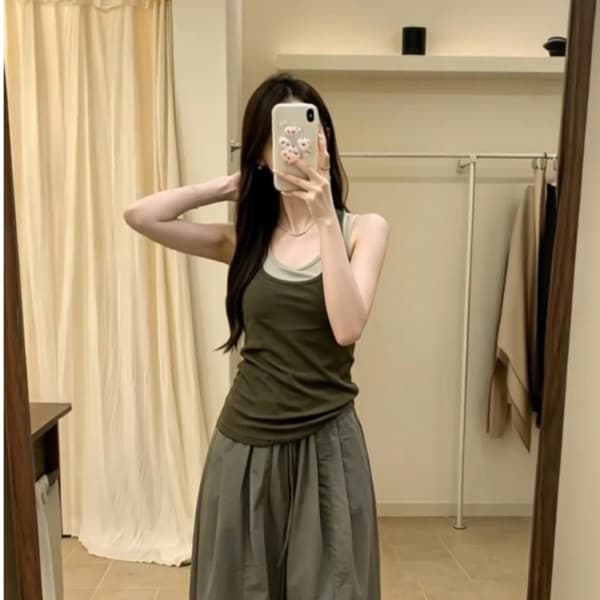 한 부서 착용 가져 가라. 캐주얼 패션 외국 가스 슬림해 보이는 여성 여름 페이크 레이어드 배색 캐미솔 상세 이미지 4