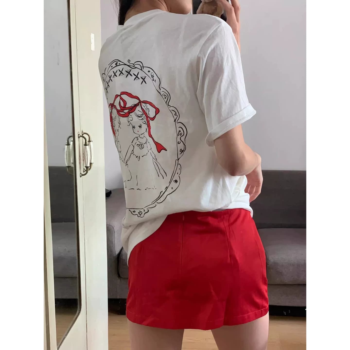 한국 ins 작은 대중 천사 하트 연령 감소 프린트 캐주얼 다용도 루즈핏 순면 편안함 반팔 티셔츠 맨위 여성 상세 이미지 1