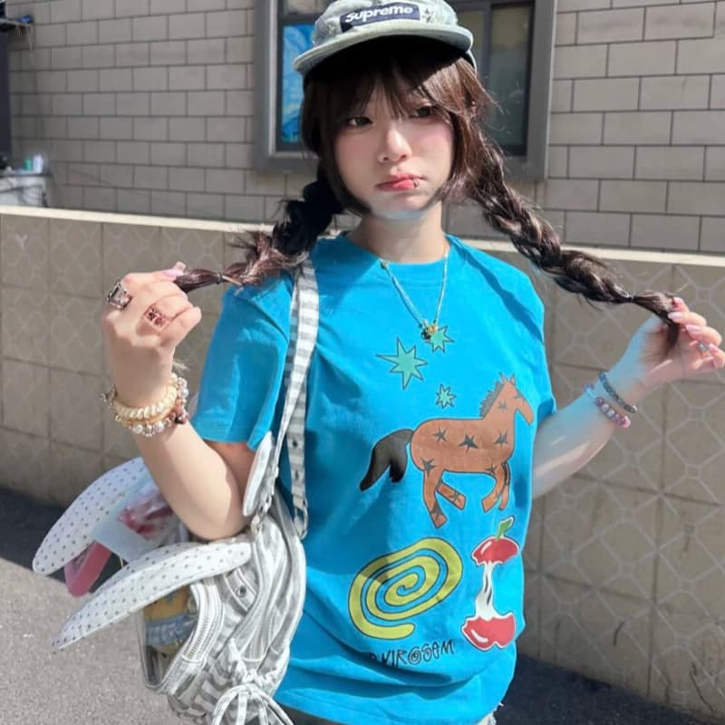 아메리칸 레트로 재미있는 도파민 작은 말 반팔 티셔츠 여성 여름 캐주얼 슬림해 보이는 파란색 맨위 상세 이미지 1