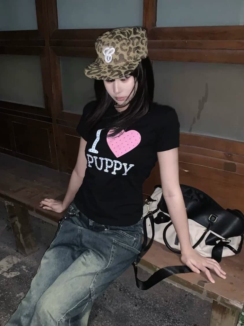 아메리칸 도트 무늬 하트 알파벳 프린트 반팔 티셔츠 여성 여름 긍정적 인 어깨 몸매 가꾸기 슬림해 보이는 핫걸 다용도 짧은 맨위 이미지 3