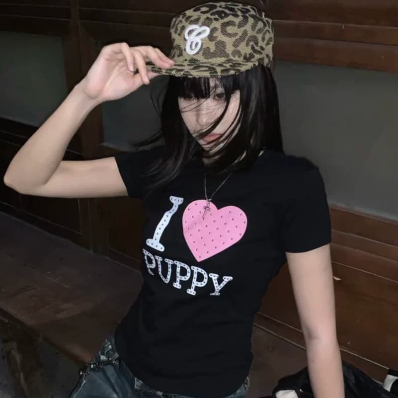 아메리칸 도트 무늬 하트 알파벳 프린트 반팔 티셔츠 여성 여름 긍정적 인 어깨 몸매 가꾸기 슬림해 보이는 핫걸 다용도 짧은 맨위 상세 이미지 1