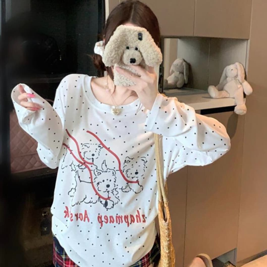 한 부서 도트 무늬 강아지 프린트 긴팔 티셔츠 여성 여름 새로운 느긋한 디자인 센스 마이크로 ~을 통해 자외선 차단 블라우스 맨위 상세 이미지 1