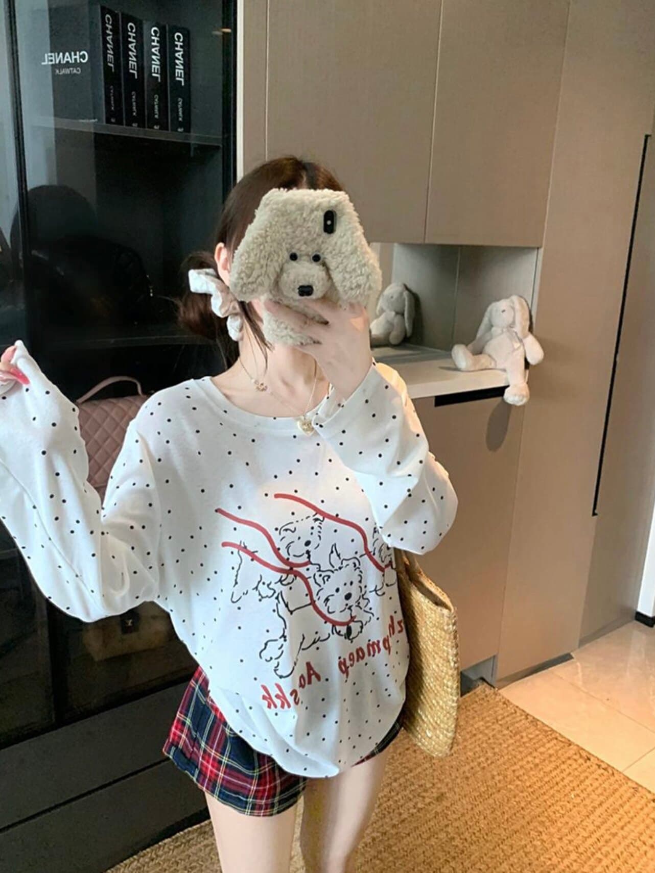 한 부서 도트 무늬 강아지 프린트 긴팔 티셔츠 여성 여름 새로운 느긋한 디자인 센스 마이크로 ~을 통해 자외선 차단 블라우스 맨위 상세 이미지 4