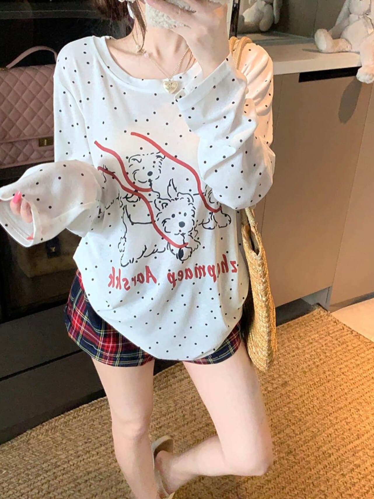 한 부서 도트 무늬 강아지 프린트 긴팔 티셔츠 여성 여름 새로운 느긋한 디자인 센스 마이크로 ~을 통해 자외선 차단 블라우스 맨위 상세 이미지 5