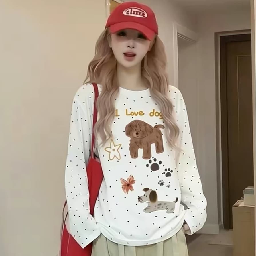 새로운 라운드 넥 도트 무늬 블라우스 긴팔 티셔츠 맨위 여성 화이트 폭발 표지 고기 외출용 유럽과 미국 맨위 상세 이미지 1
