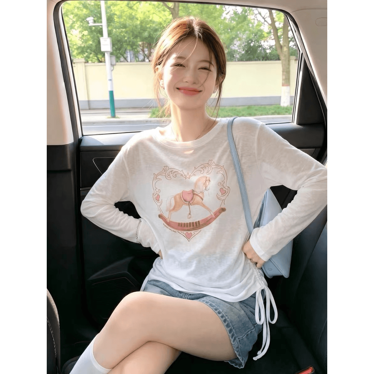 하트 작은 말 프린트 펌프 로프 긴팔 티셔츠 여성 여름 슈퍼 화재 연령 감소 맨위 느긋한 바람 얇은 스타일 자외선 차단 블라우스 이미지 5