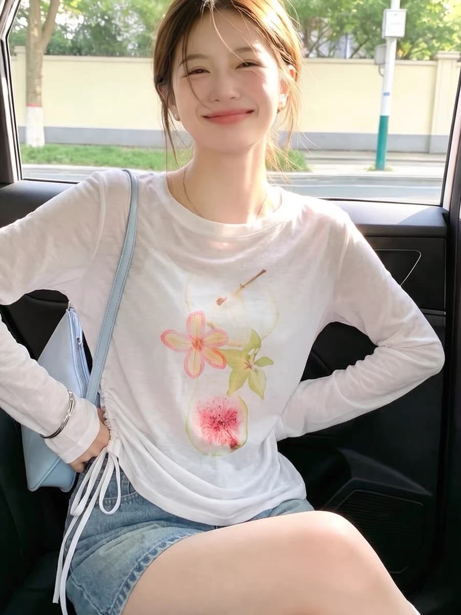 과일 프린트 얇은 스타일 자외선 차단 블라우스 여성 여름 루즈핏 캐주얼 맨위 느긋한 바람 펌프 로프 긴팔 티셔츠 이미지 3