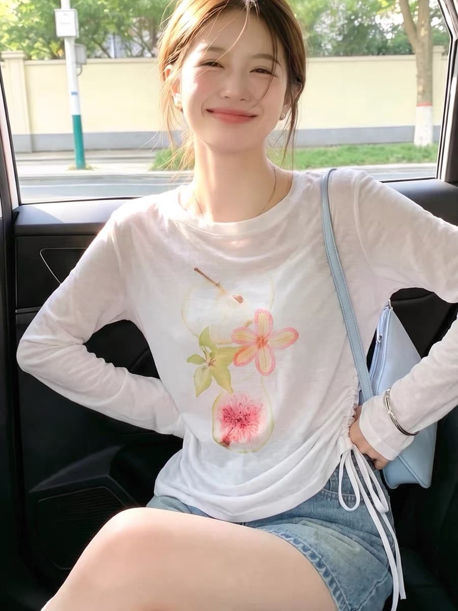 과일 프린트 얇은 스타일 자외선 차단 블라우스 여성 여름 루즈핏 캐주얼 맨위 느긋한 바람 펌프 로프 긴팔 티셔츠 이미지 2