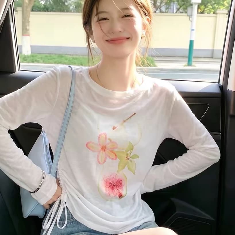 과일 프린트 얇은 스타일 자외선 차단 블라우스 여성 여름 루즈핏 캐주얼 맨위 느긋한 바람 펌프 로프 긴팔 티셔츠 상세 이미지 1