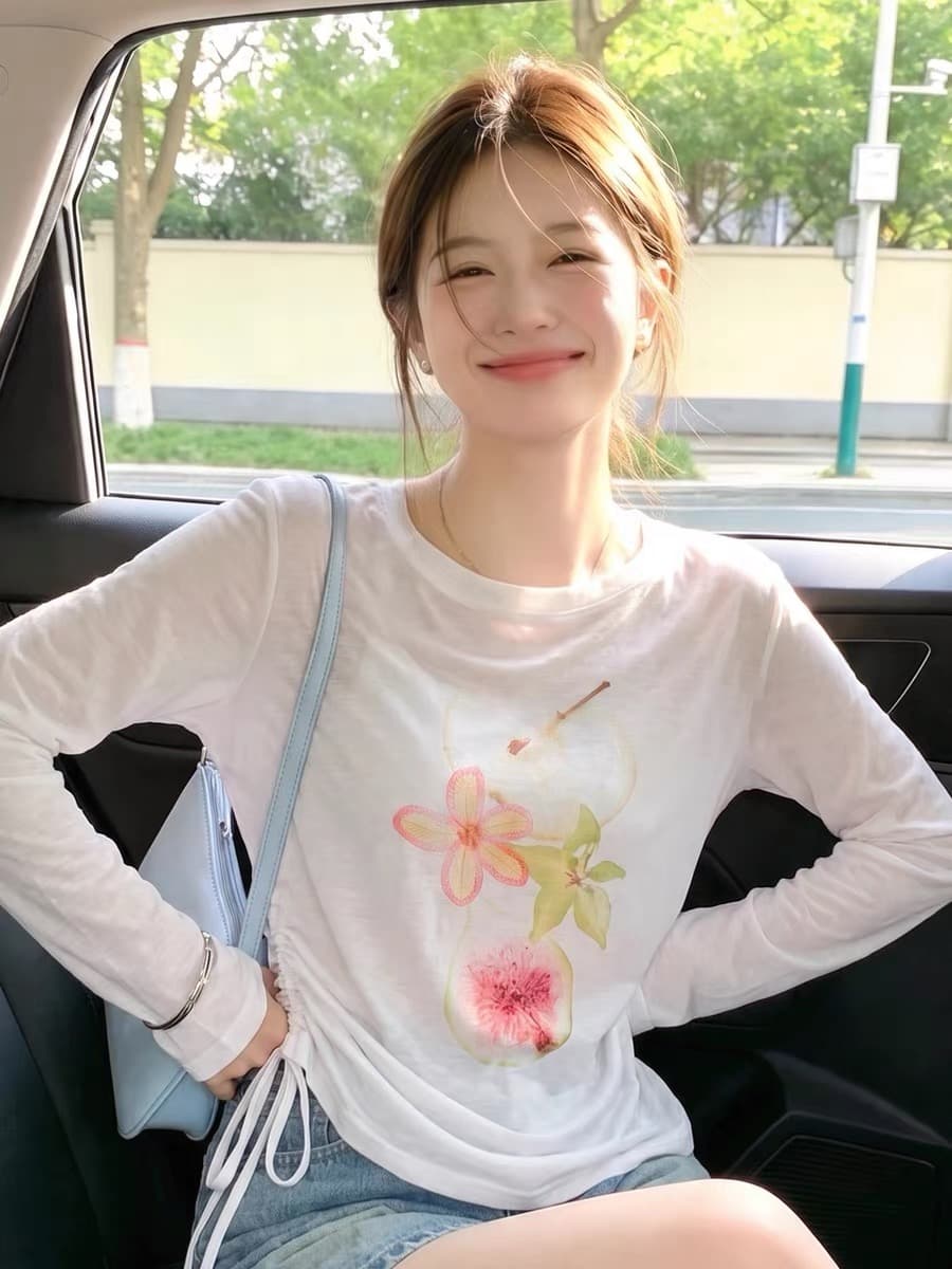 과일 프린트 얇은 스타일 자외선 차단 블라우스 여성 여름 루즈핏 캐주얼 맨위 느긋한 바람 펌프 로프 긴팔 티셔츠 상세 이미지 2