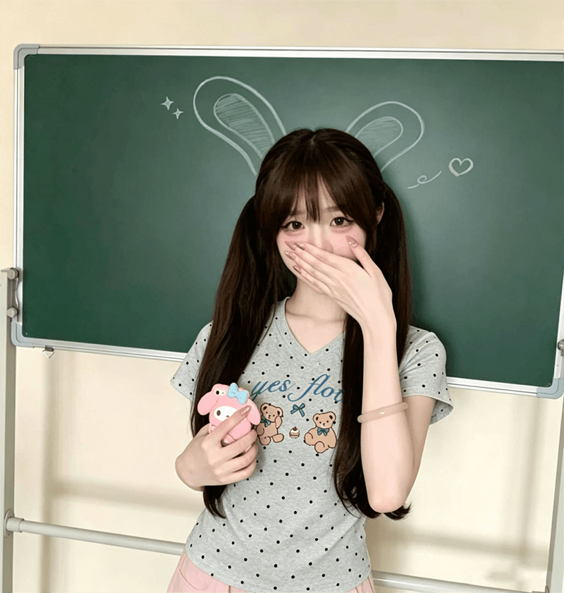 고유 한 아름다운 miu 부서 나비 매듭 작은 곰 맨위 여성 여름 한 부서 ins 바람 작은 키 긍정적 인 어깨 반팔 티셔츠 상세 이미지 3