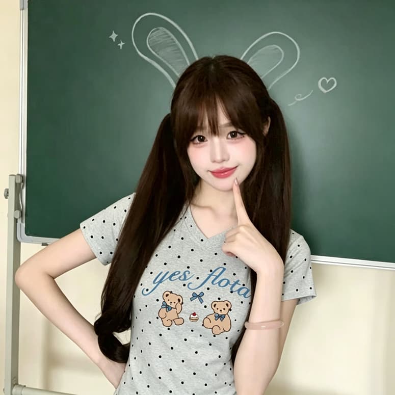 고유 한 아름다운 miu 부서 나비 매듭 작은 곰 맨위 여성 여름 한 부서 ins 바람 작은 키 긍정적 인 어깨 반팔 티셔츠 상세 이미지 4