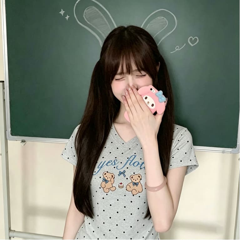 고유 한 아름다운 miu 부서 나비 매듭 작은 곰 맨위 여성 여름 한 부서 ins 바람 작은 키 긍정적 인 어깨 반팔 티셔츠 상세 이미지 5
