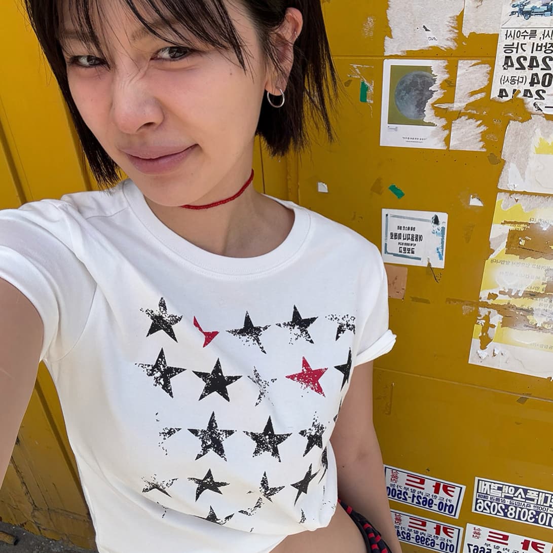 한 부서 작은 대중 ins 바람 프린트 별 알파벳 긍정적 인 어깨 반팔 티셔츠 캐주얼 화이트 맨위 여성 이미지 4