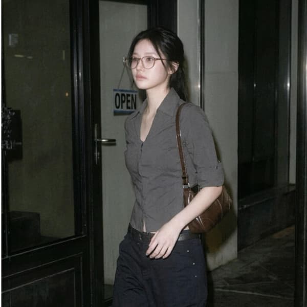 아메리칸 POLO 셔츠 V넥 중간 소매 뒤집다 접기 여성 여름 높음 지혜 센스 허리 수축 슬림해 보이는 몸매 가꾸기 맨위 이미지 4