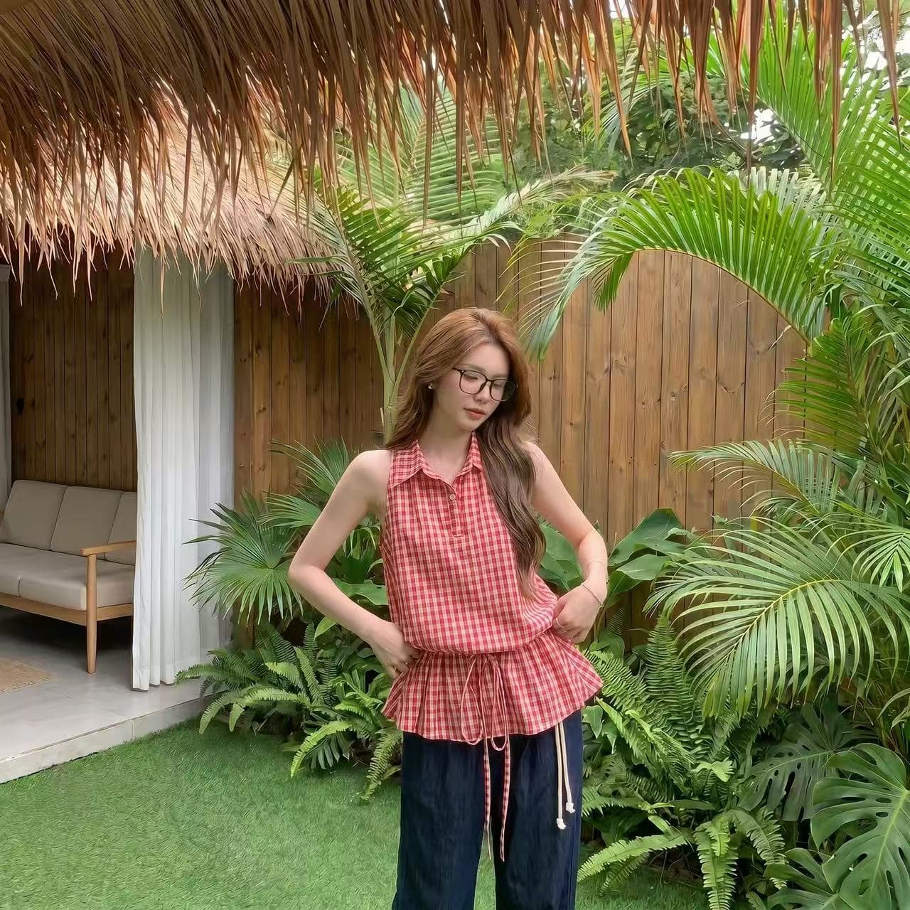프랑스식 레트로 빨간색 체크무늬 행침 목 민소매 조끼 스커트 여성 여름 새로운 펌프 로프 허리 수축 슬림해 보이는 품격 맨위