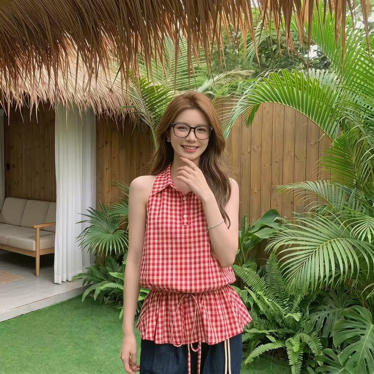 프랑스식 레트로 빨간색 체크무늬 행침 목 민소매 조끼 스커트 여성 여름 새로운 펌프 로프 허리 수축 슬림해 보이는 품격 맨위 상세 이미지 4