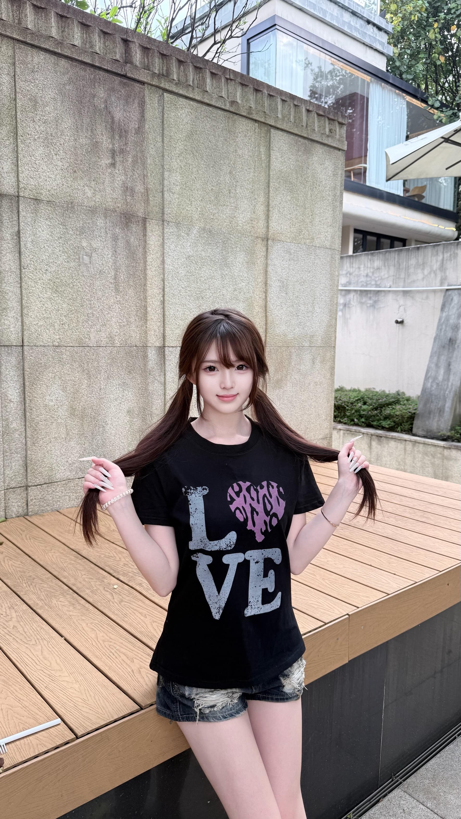 프린트 하트 긍정적 인 어깨 반팔 티셔츠 여름 캐주얼 다용도 슬림해 보이는 순면 맨위 여성 상세 이미지 2