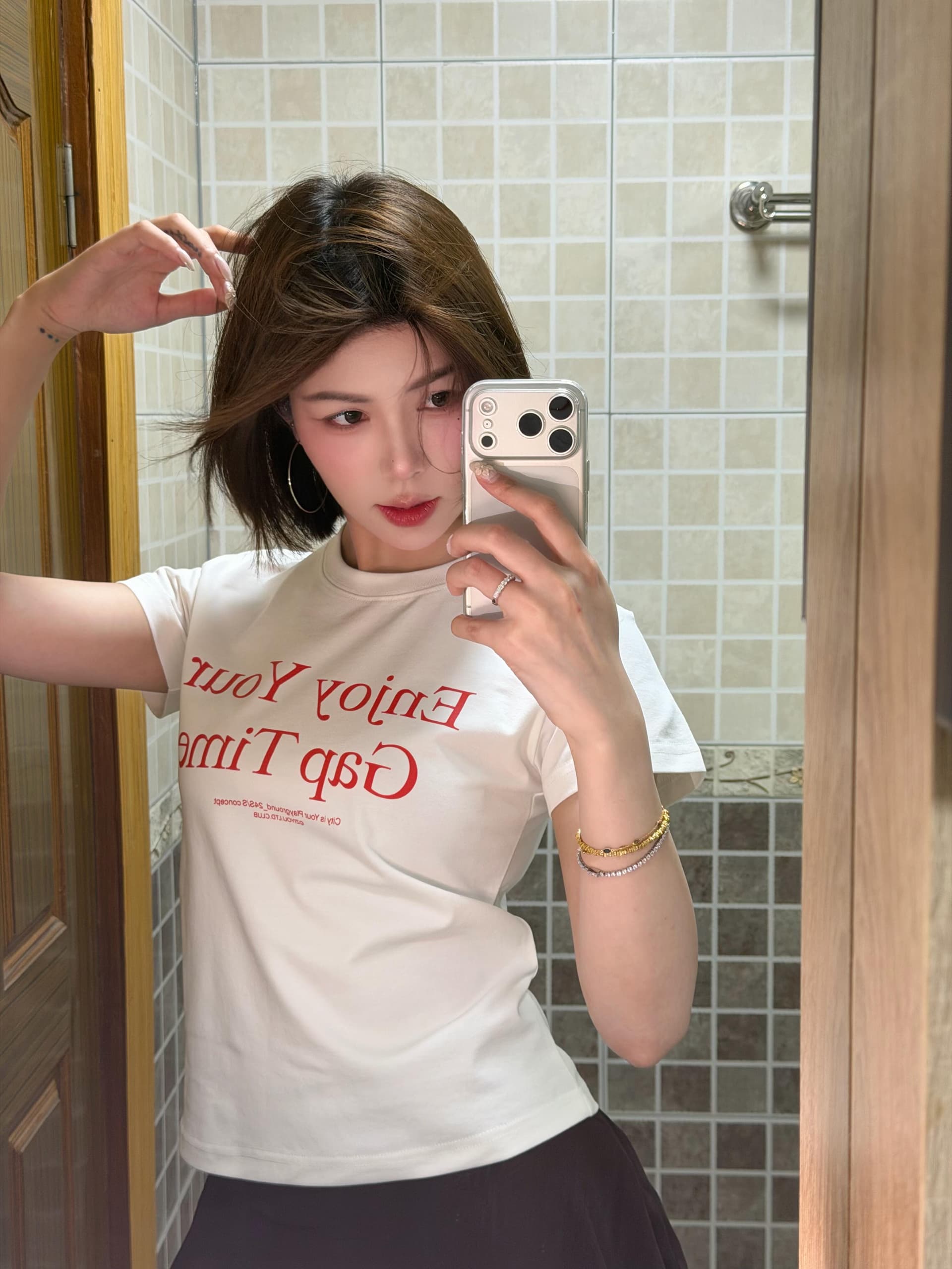 항구 바람 레트로 알파벳 프린트 라운드 넥 순면 긍정적 인 어깨 반팔 티셔츠 여성 여름 새로운 몸매 가꾸기 허리 수축 맨위 트렌디 상세 이미지 5