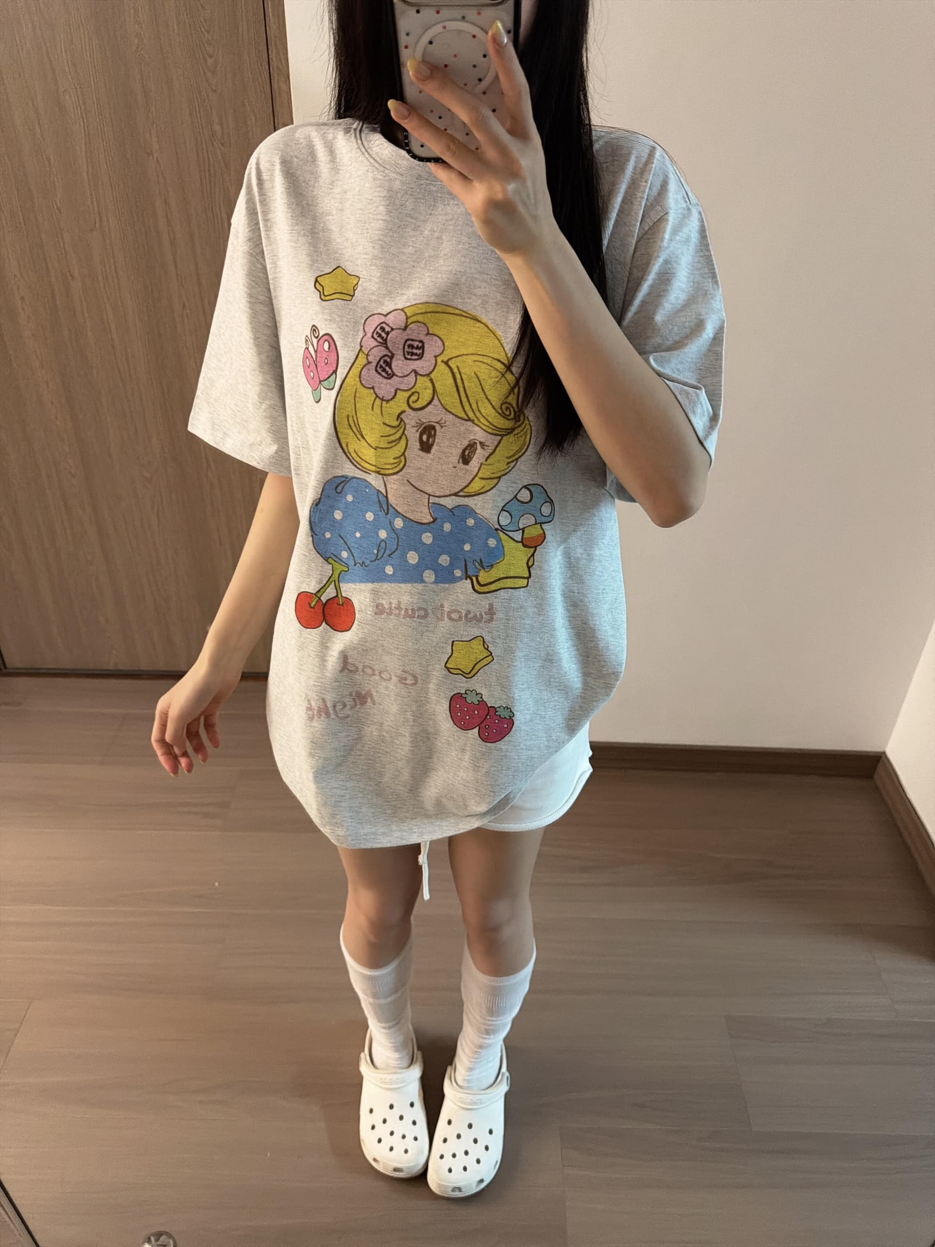 작은 대중 체리 소녀 만화 프린트 느긋한 캐주얼 루즈핏 순면 편안함 반팔 티셔츠 맨위 여성