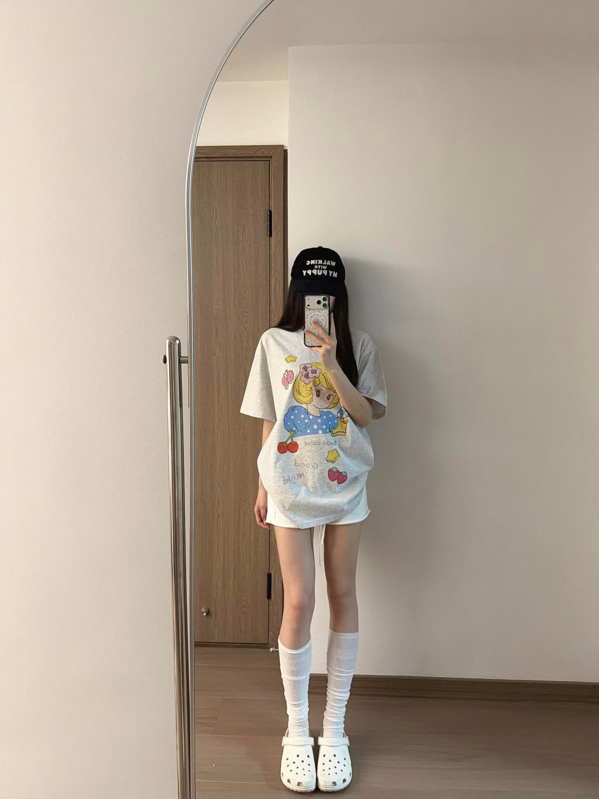 작은 대중 체리 소녀 만화 프린트 느긋한 캐주얼 루즈핏 순면 편안함 반팔 티셔츠 맨위 여성 이미지 2