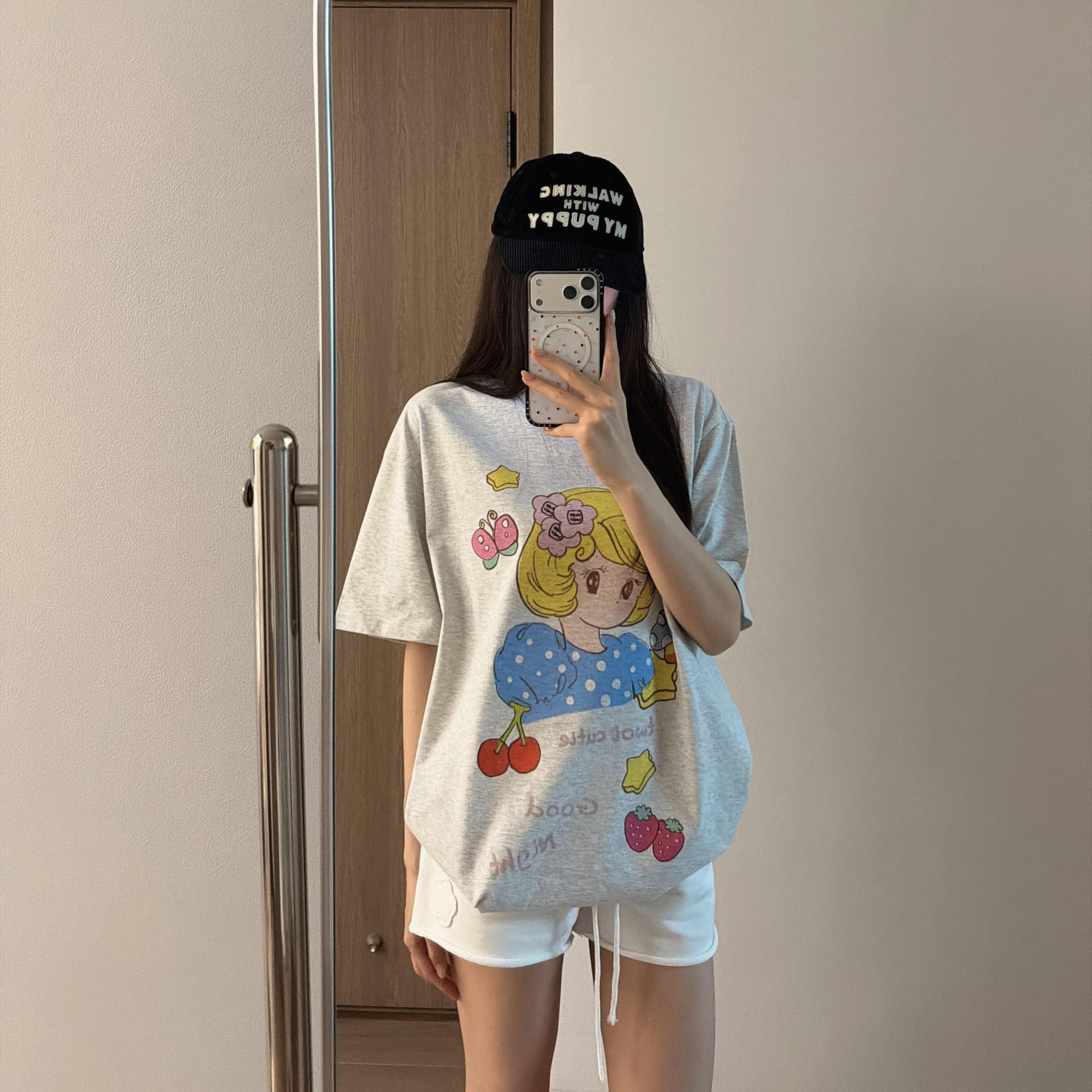 작은 대중 체리 소녀 만화 프린트 느긋한 캐주얼 루즈핏 순면 편안함 반팔 티셔츠 맨위 여성 이미지 5