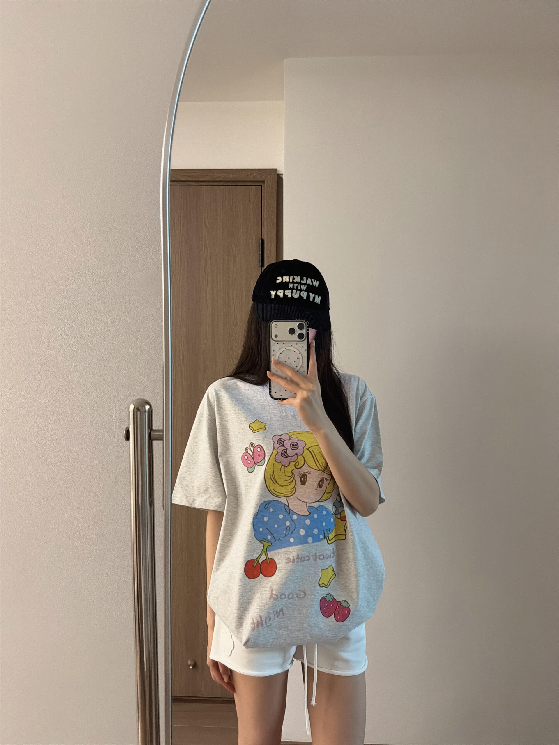 작은 대중 체리 소녀 만화 프린트 느긋한 캐주얼 루즈핏 순면 편안함 반팔 티셔츠 맨위 여성 상세 이미지 2