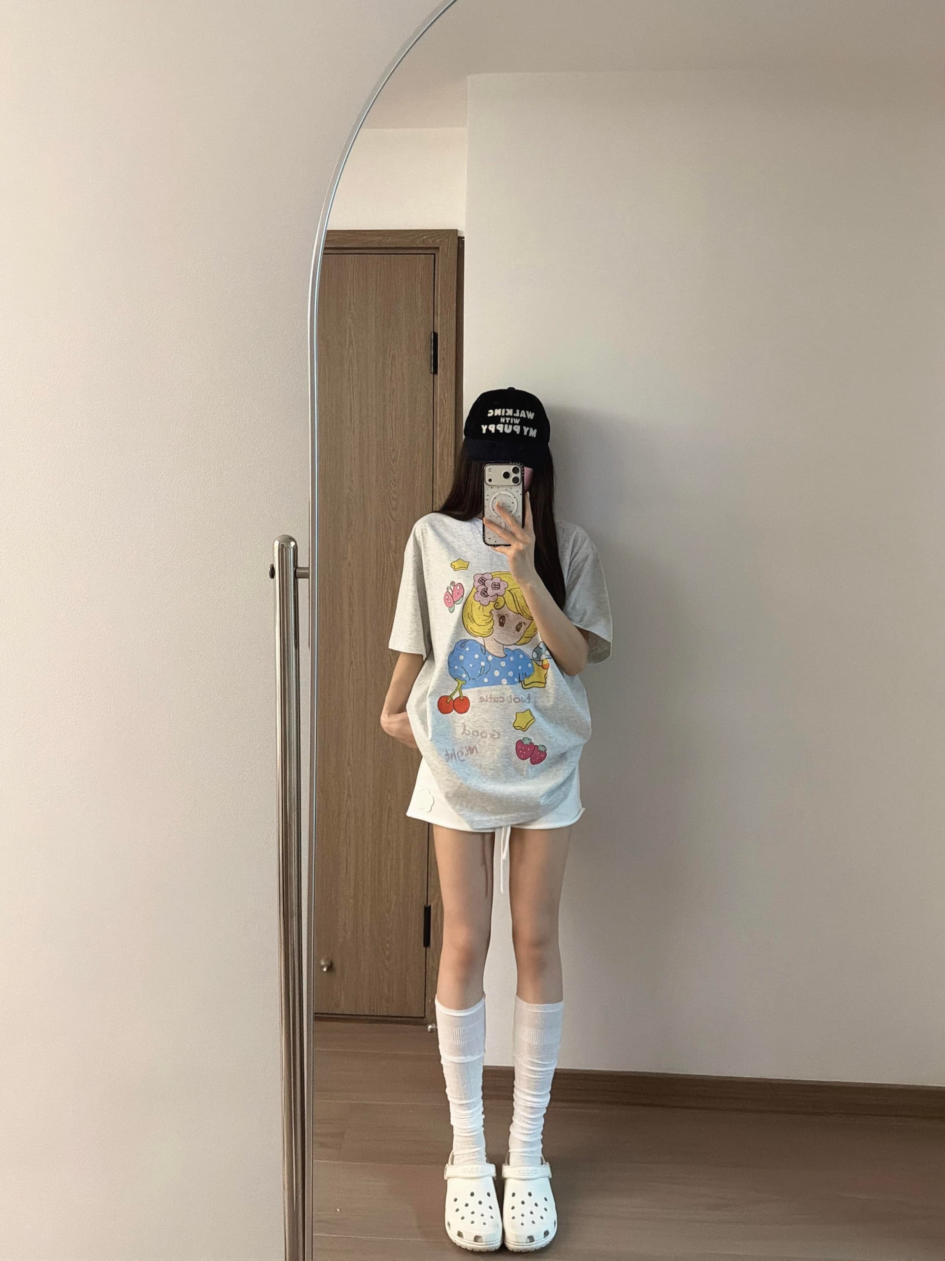 작은 대중 체리 소녀 만화 프린트 느긋한 캐주얼 루즈핏 순면 편안함 반팔 티셔츠 맨위 여성 상세 이미지 3