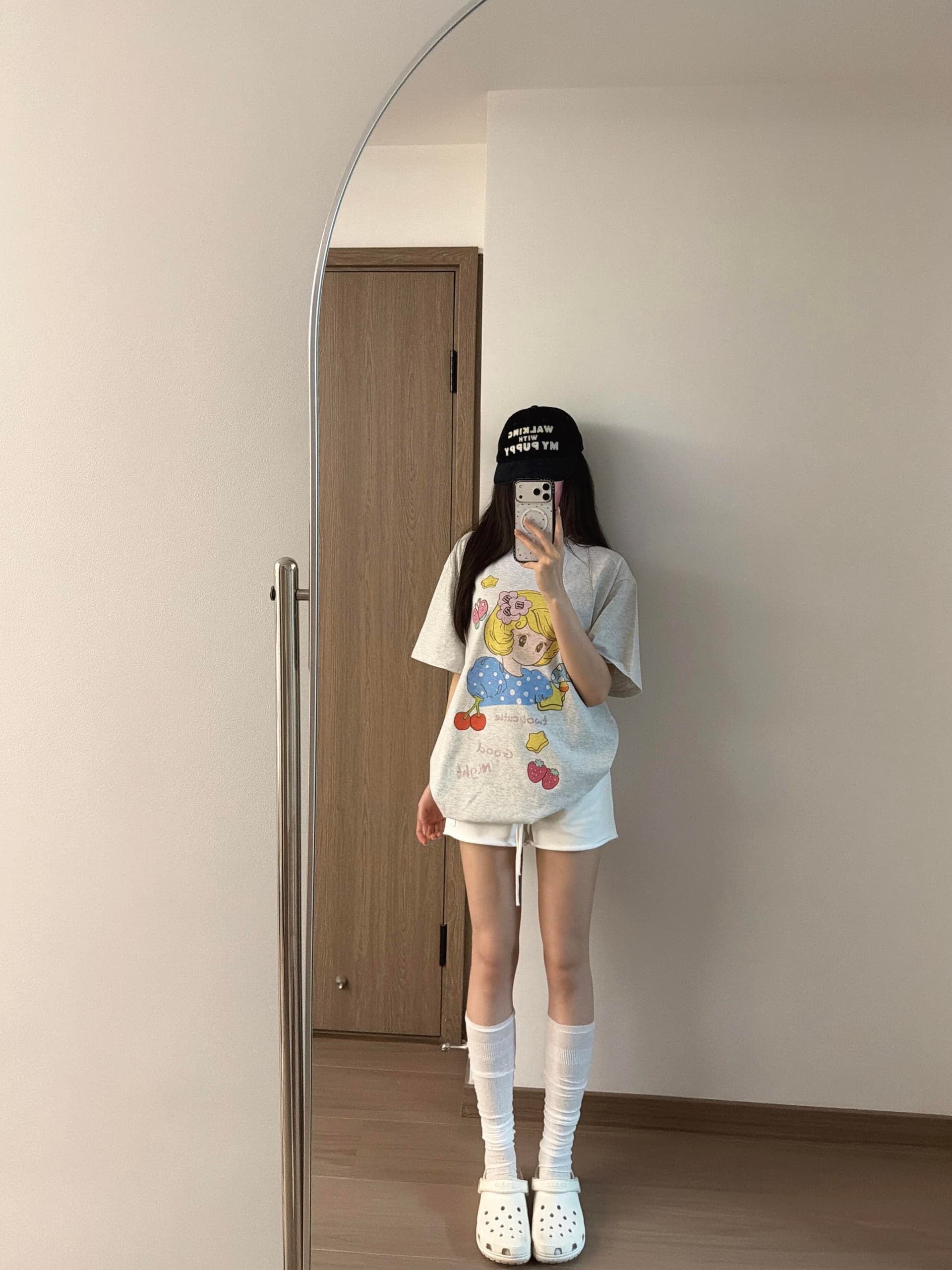 작은 대중 체리 소녀 만화 프린트 느긋한 캐주얼 루즈핏 순면 편안함 반팔 티셔츠 맨위 여성 상세 이미지 5