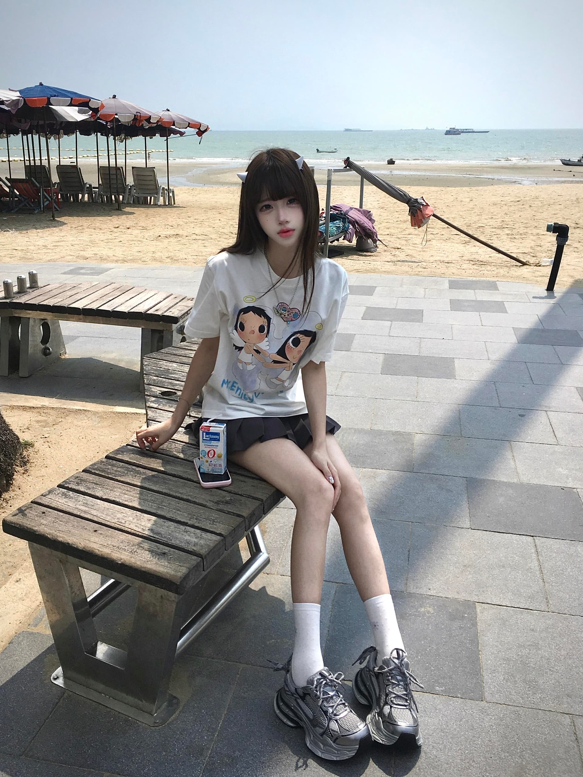 아메리칸 하트 천사 프린트 반팔 티셔츠 여자 무거운 순면 2026 귀여운 다용도 루즈핏 여름 맨위 상세 이미지 4