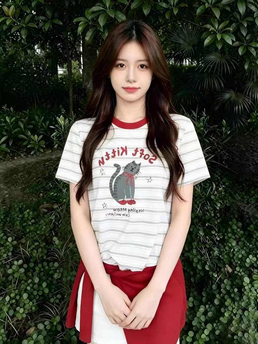 한 부서 배색 스트라이프 고양이 프린트 반팔 티셔츠 여성 여름 루즈핏 라운드 넥 반소매 동정 맨위