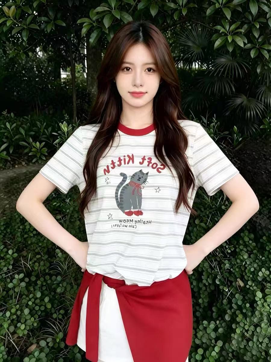 한 부서 배색 스트라이프 고양이 프린트 반팔 티셔츠 여성 여름 루즈핏 라운드 넥 반소매 동정 맨위 이미지 3