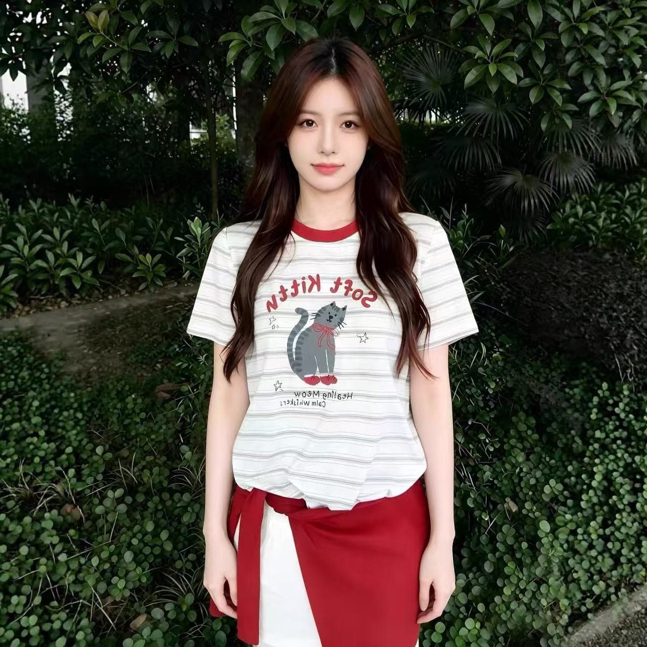 한 부서 배색 스트라이프 고양이 프린트 반팔 티셔츠 여성 여름 루즈핏 라운드 넥 반소매 동정 맨위 이미지 5