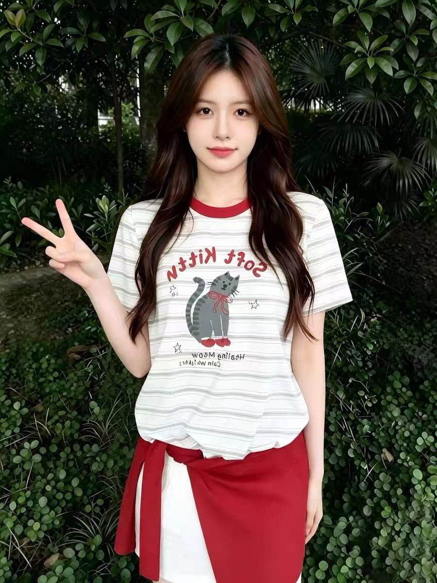 한 부서 배색 스트라이프 고양이 프린트 반팔 티셔츠 여성 여름 루즈핏 라운드 넥 반소매 동정 맨위 상세 이미지 2