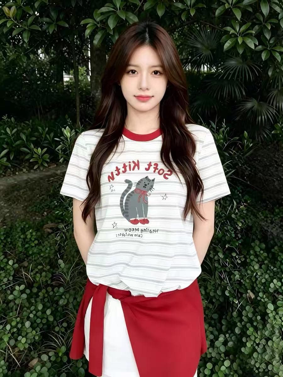 한 부서 배색 스트라이프 고양이 프린트 반팔 티셔츠 여성 여름 루즈핏 라운드 넥 반소매 동정 맨위 상세 이미지 4