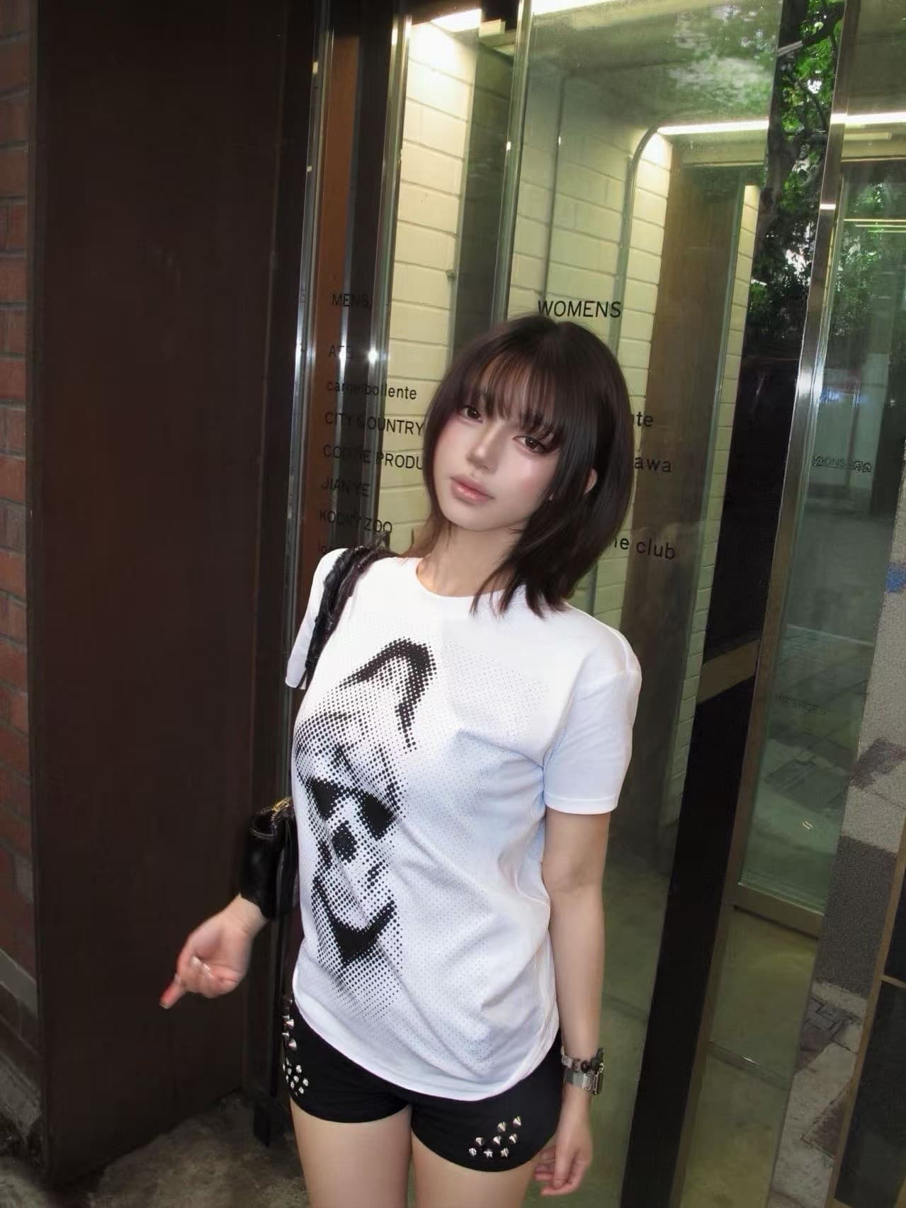 해골 여자 반팔 아메리칸 트렌드 작은 대중 웃음 하 국가 트렌디 개성 다용도 티셔츠 상세 이미지 2