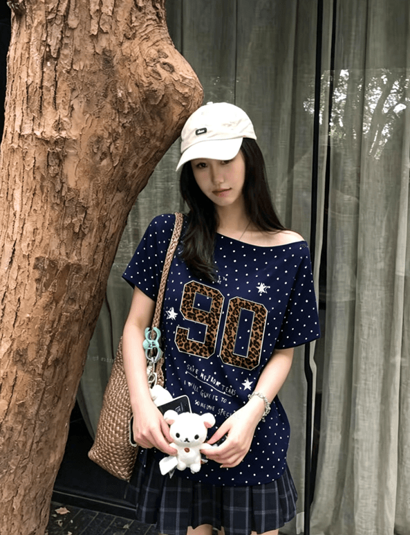 보트넥 도트 무늬 루즈핏 반팔 티셔츠 여성 외출용 표지 고기 항구 바람 다용도 작은 대중 맨위 트렌디 이미지 2