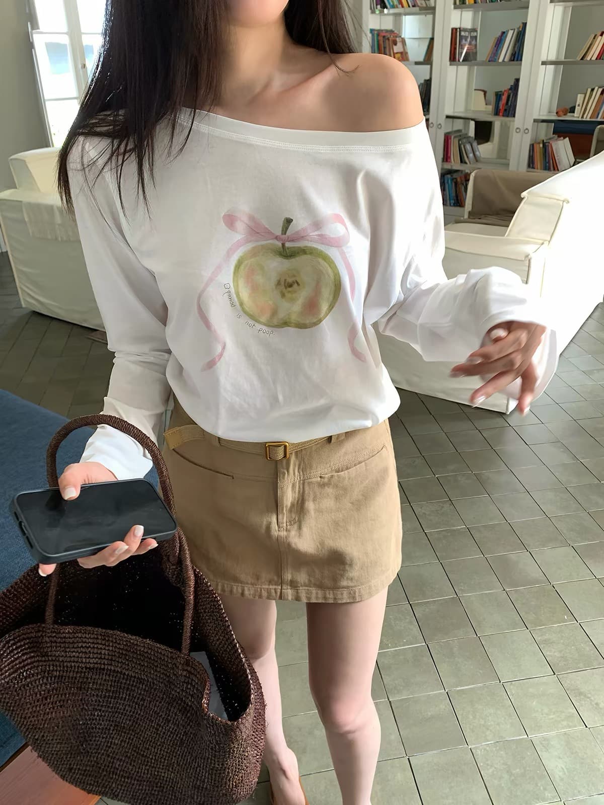 여름 한 부서 귀여운 애플 패턴 비스듬한 칼라 티셔츠 여성 오프숄더 긴팔 자외선 차단 맨위 상세 이미지 3