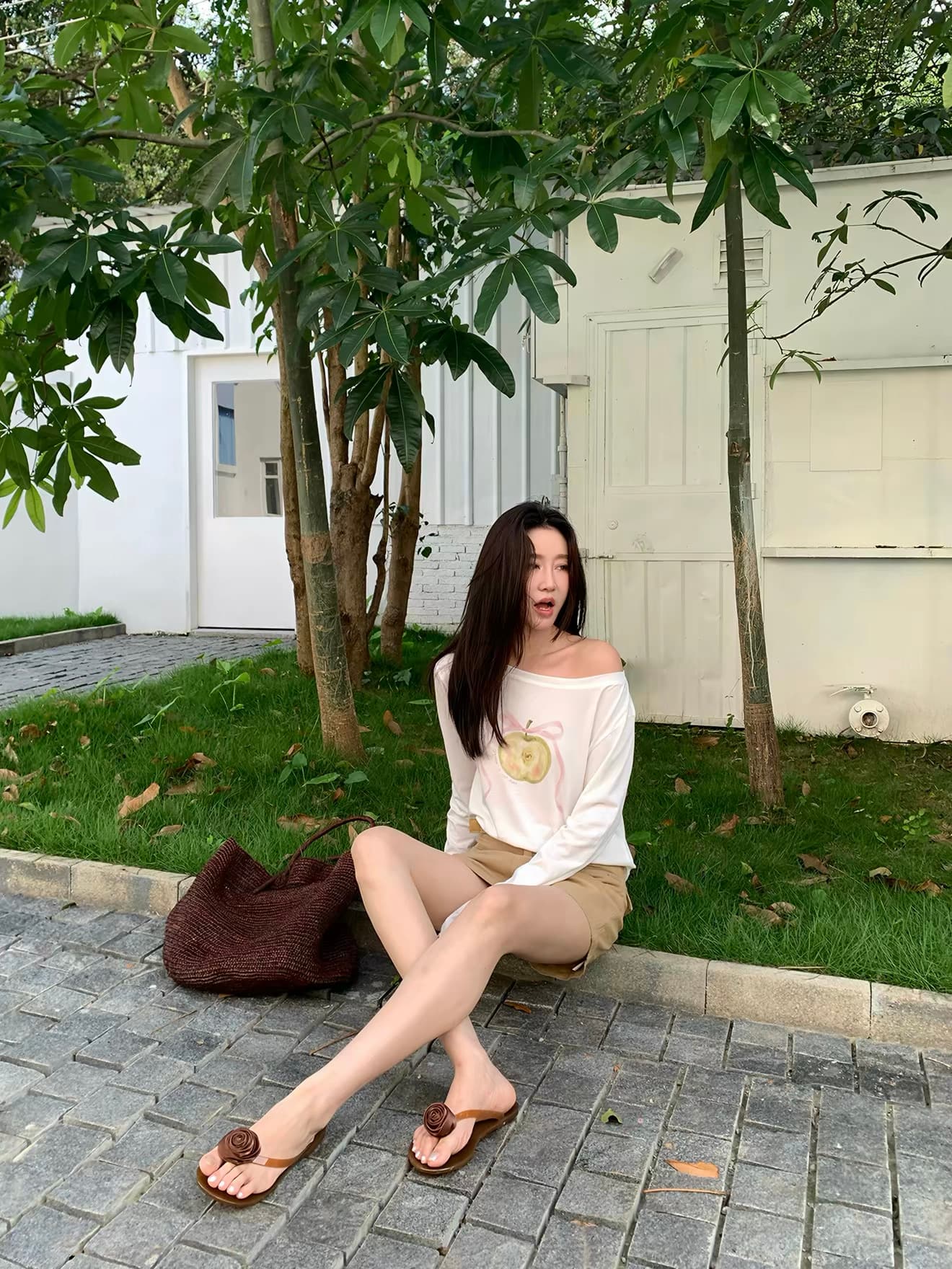 여름 한 부서 귀여운 애플 패턴 비스듬한 칼라 티셔츠 여성 오프숄더 긴팔 자외선 차단 맨위 상세 이미지 4