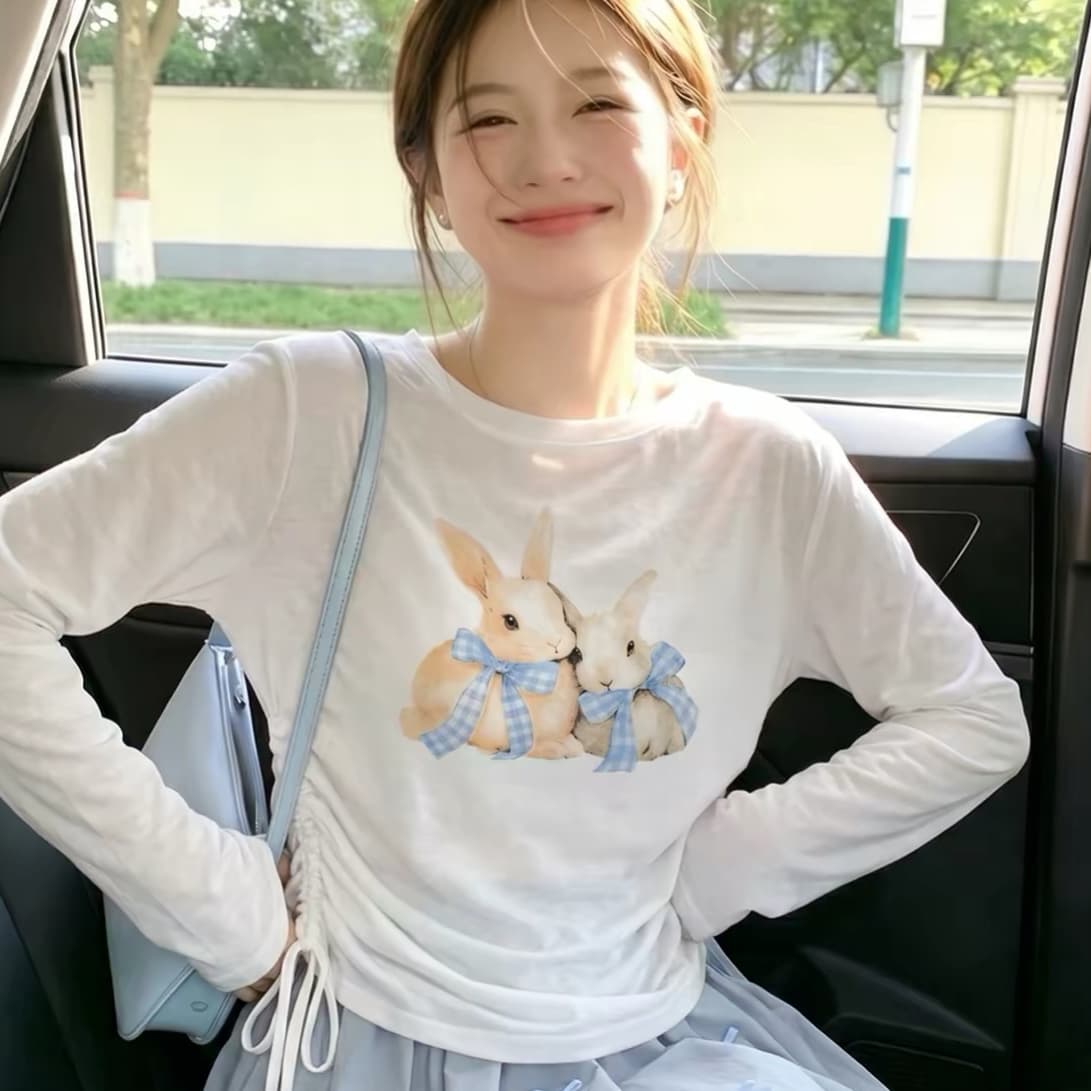 토끼 프린트 펌프 로프 긴팔 티셔츠 여성 여름 새로운 슈퍼 화재 연령 감소 맨위 얇은 스타일 자외선 차단 블라우스 에어컨 셔츠 이미지 5