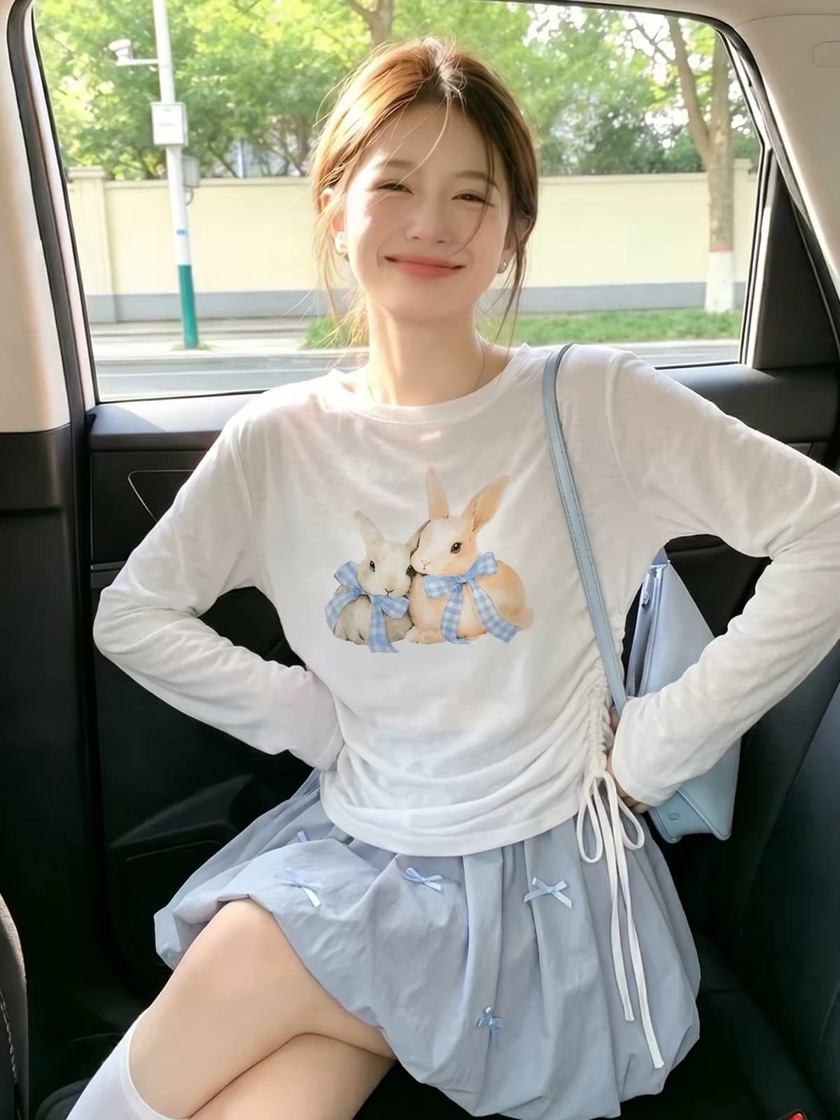 토끼 프린트 펌프 로프 긴팔 티셔츠 여성 여름 새로운 슈퍼 화재 연령 감소 맨위 얇은 스타일 자외선 차단 블라우스 에어컨 셔츠