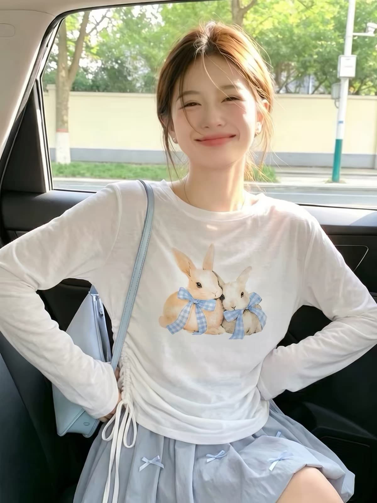 토끼 프린트 펌프 로프 긴팔 티셔츠 여성 여름 새로운 슈퍼 화재 연령 감소 맨위 얇은 스타일 자외선 차단 블라우스 에어컨 셔츠 이미지 3