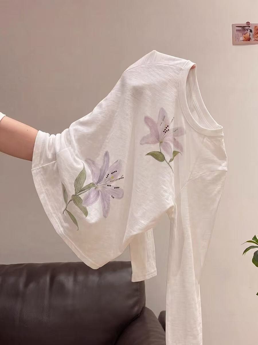 한 부서 ins 디자인 센스 자외선 차단 얇고 가벼운 블라우스 맨위 여성 여름 루즈핏 느긋한 바람 릴리 꽃 긴팔 티셔츠 상세 이미지 2