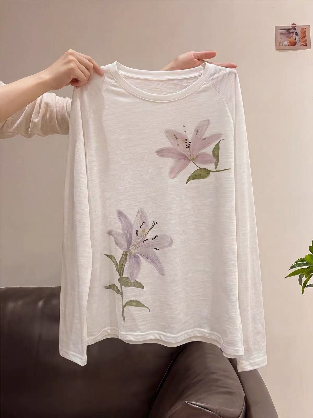 한 부서 ins 디자인 센스 자외선 차단 얇고 가벼운 블라우스 맨위 여성 여름 루즈핏 느긋한 바람 릴리 꽃 긴팔 티셔츠 상세 이미지 3